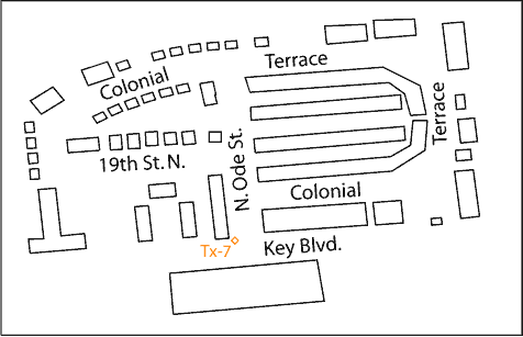図2：ロスリンのコロニアルテラス地区の平面図（建物の位置、通りの名前、送信サイト7を示す）。