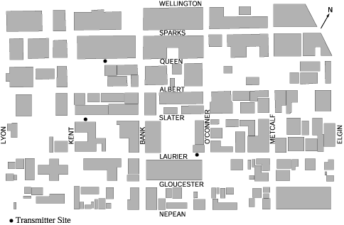 図1：通り名と送信機の位置を示すオタワの地図