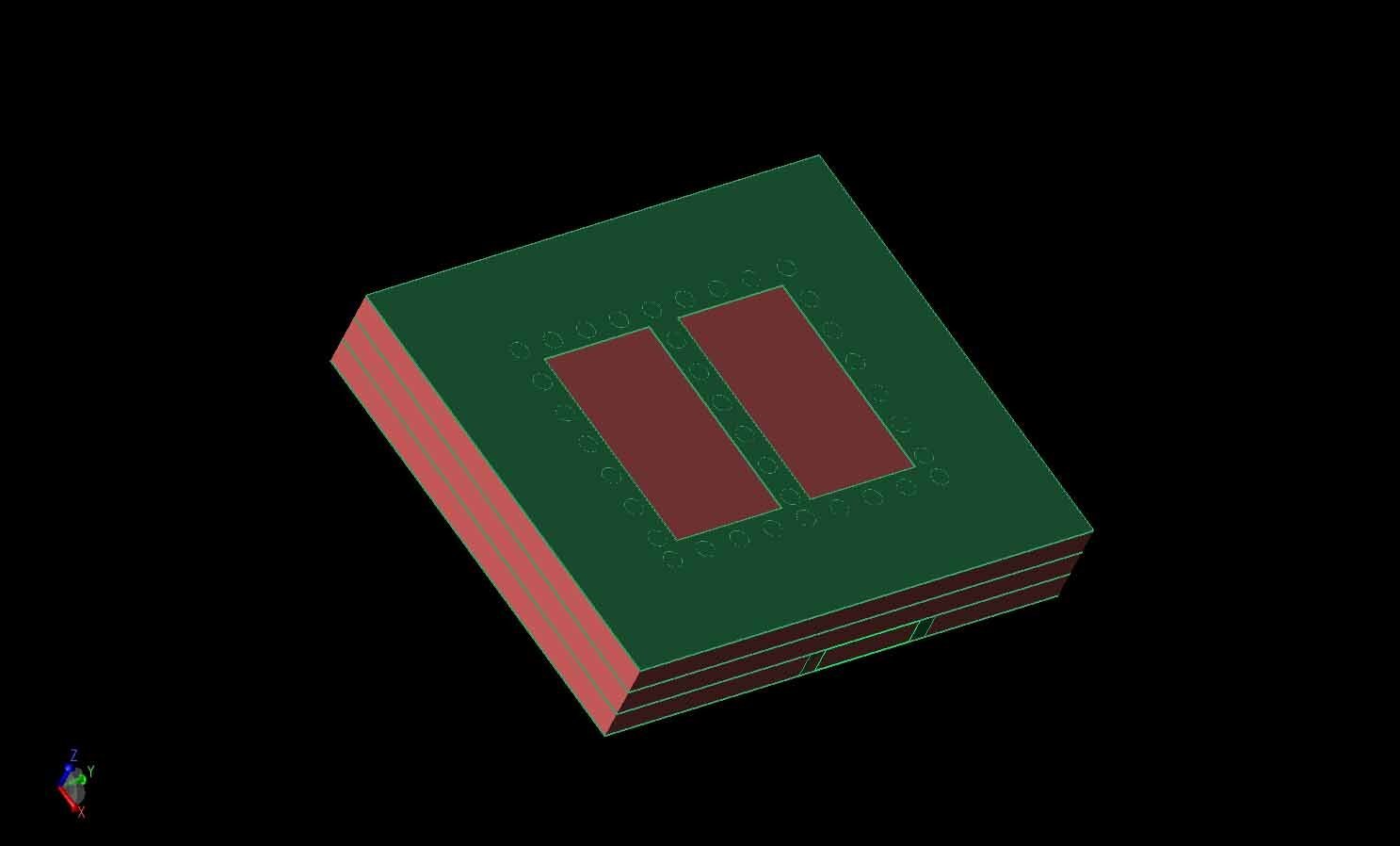 図1：SIC励起2x2アンテナ・エレメントの3次元CADレンダリングを、金属層を緑、LTCC層を赤で示す。