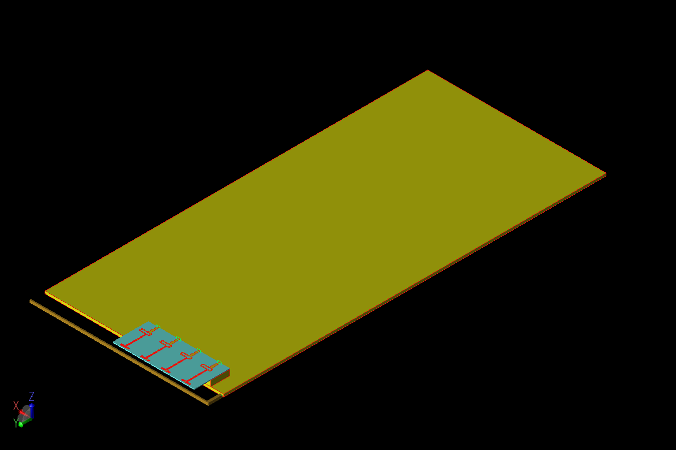 図1：スマートフォンの設計を3次元CADで表したもので、4Gアンテナと5Gアレイ構造は、大きなグランドプレーンの一端、左側に見える。