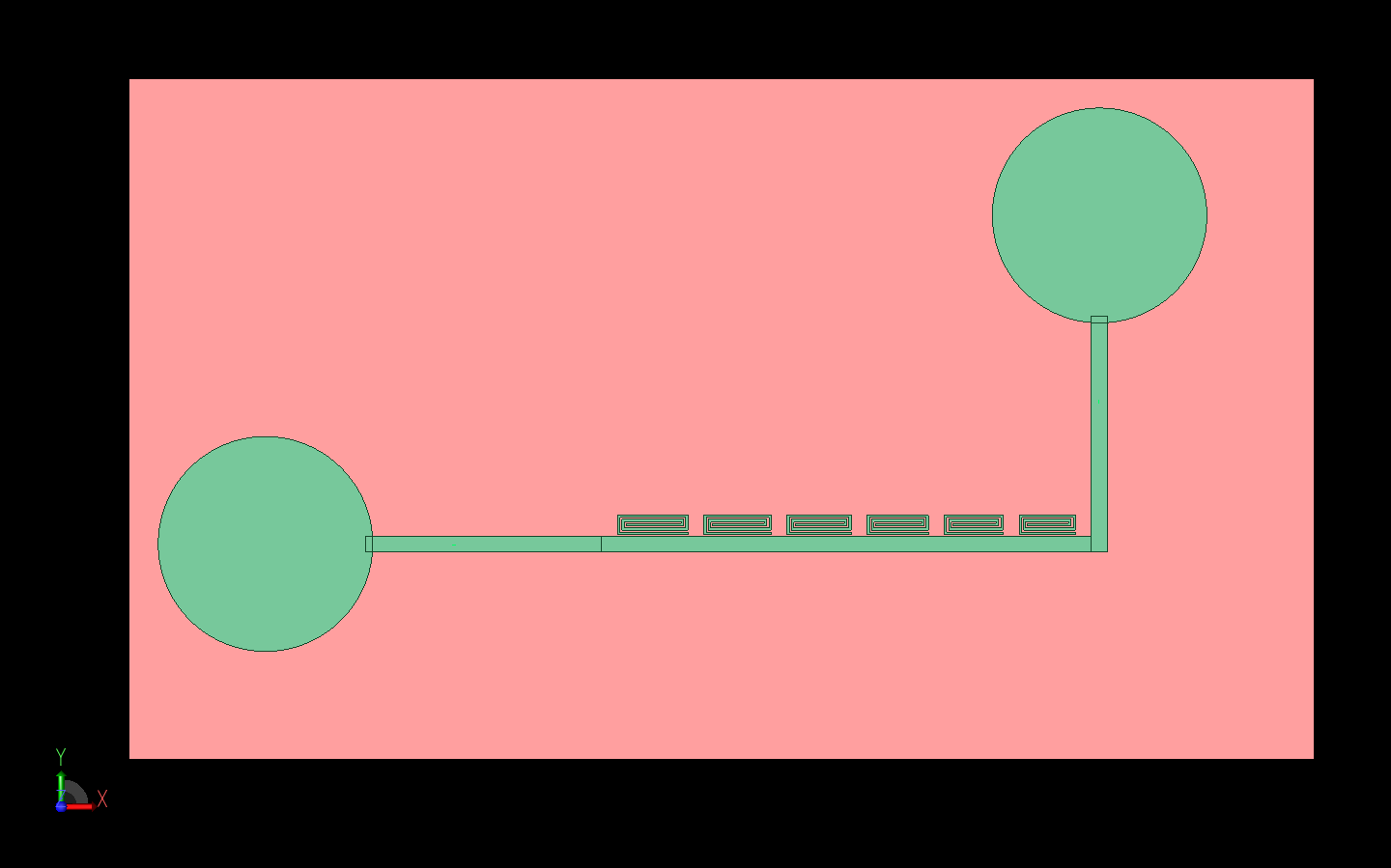図1：2つのUWBモノポール・ディスク・アンテナと6つのスパイラル共振器からなるRFIDタグをXFdtdのCADモデルとして示す。