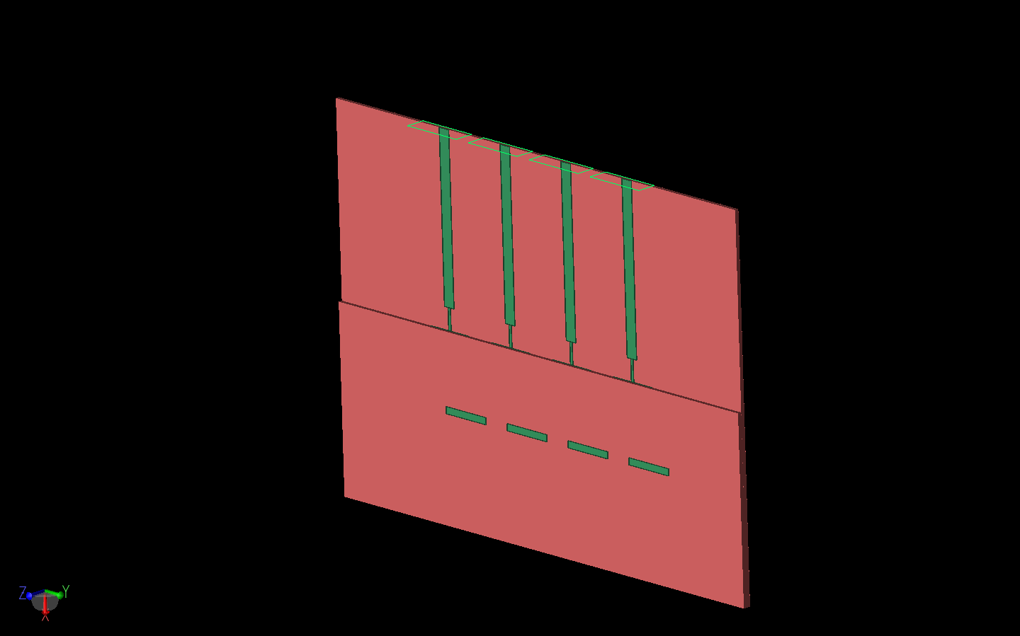 図2: アンテナ・アレイを3次元で示し、上部基板層の端がパッチの上に見えている。アレイの上部には4つの導波管給電ポートが見える。