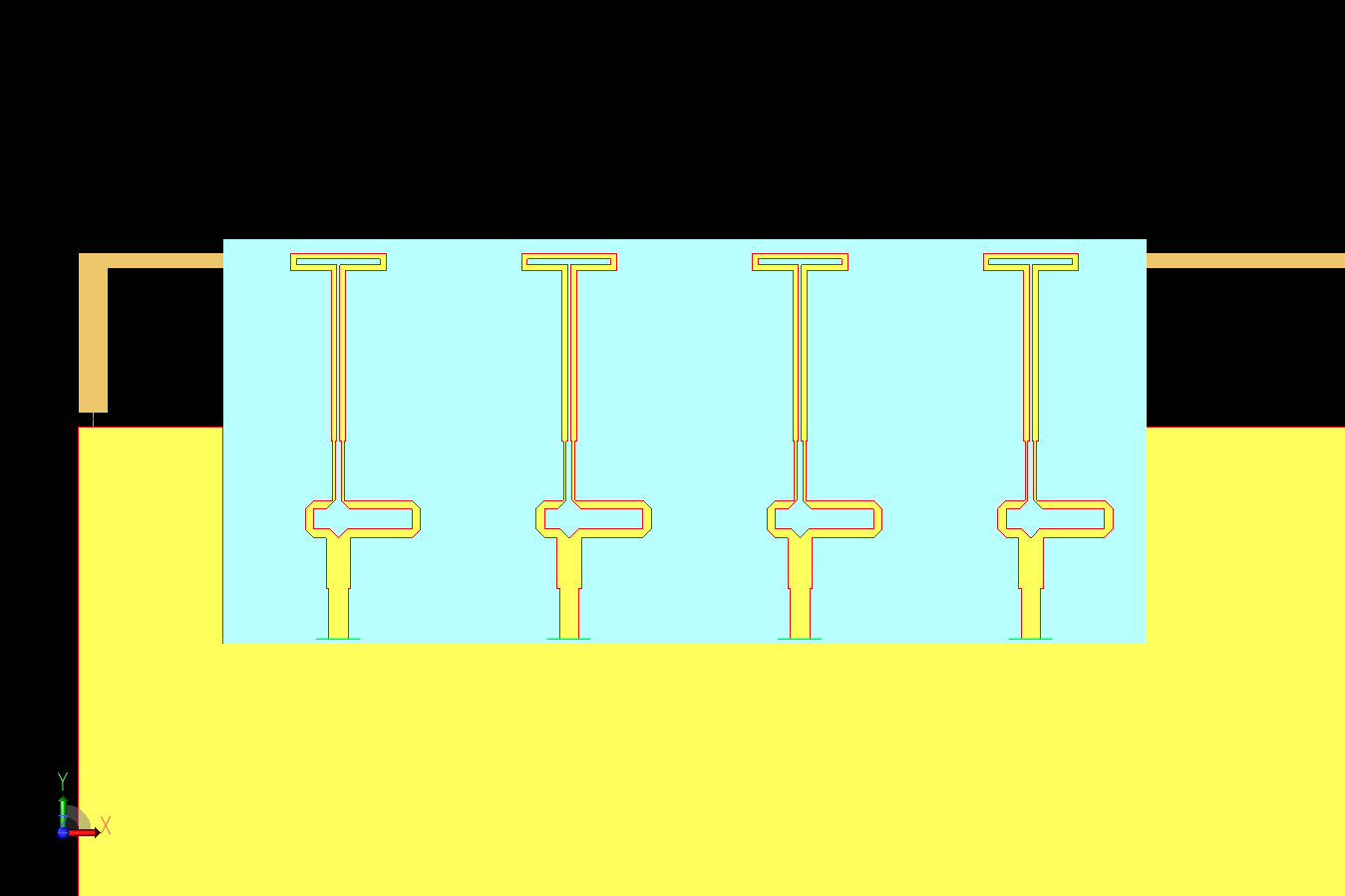 図2：5GアレイのCAD図。誘電体基板上に4つの八木・宇田エレメントを配置し、その後ろに4Gの逆L字アンテナを配置している。