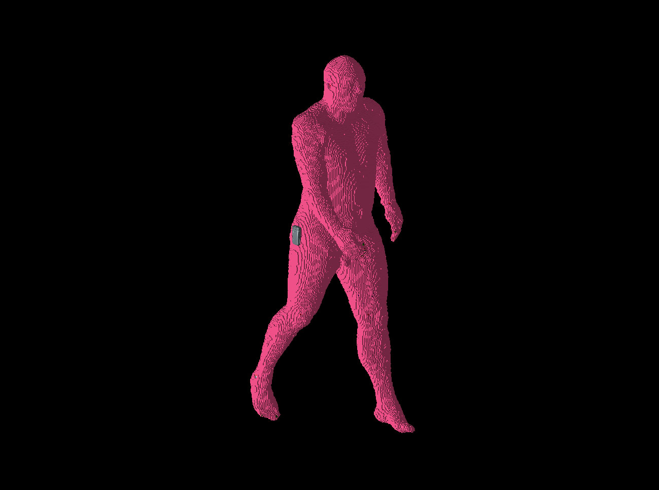 図2：歩く男性のポジション1は、左足を前に出し、右腕を電話の位置より前に出している。