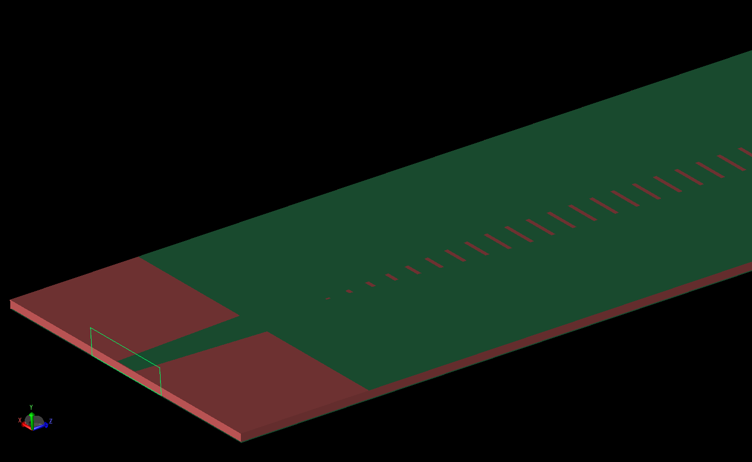 図3：一方のポートから見たアンテナの斜視図で、テーパー線に取り付けられたノード導波管ポート、基板層の厚さ、スロット付き最上層の一部を示す。