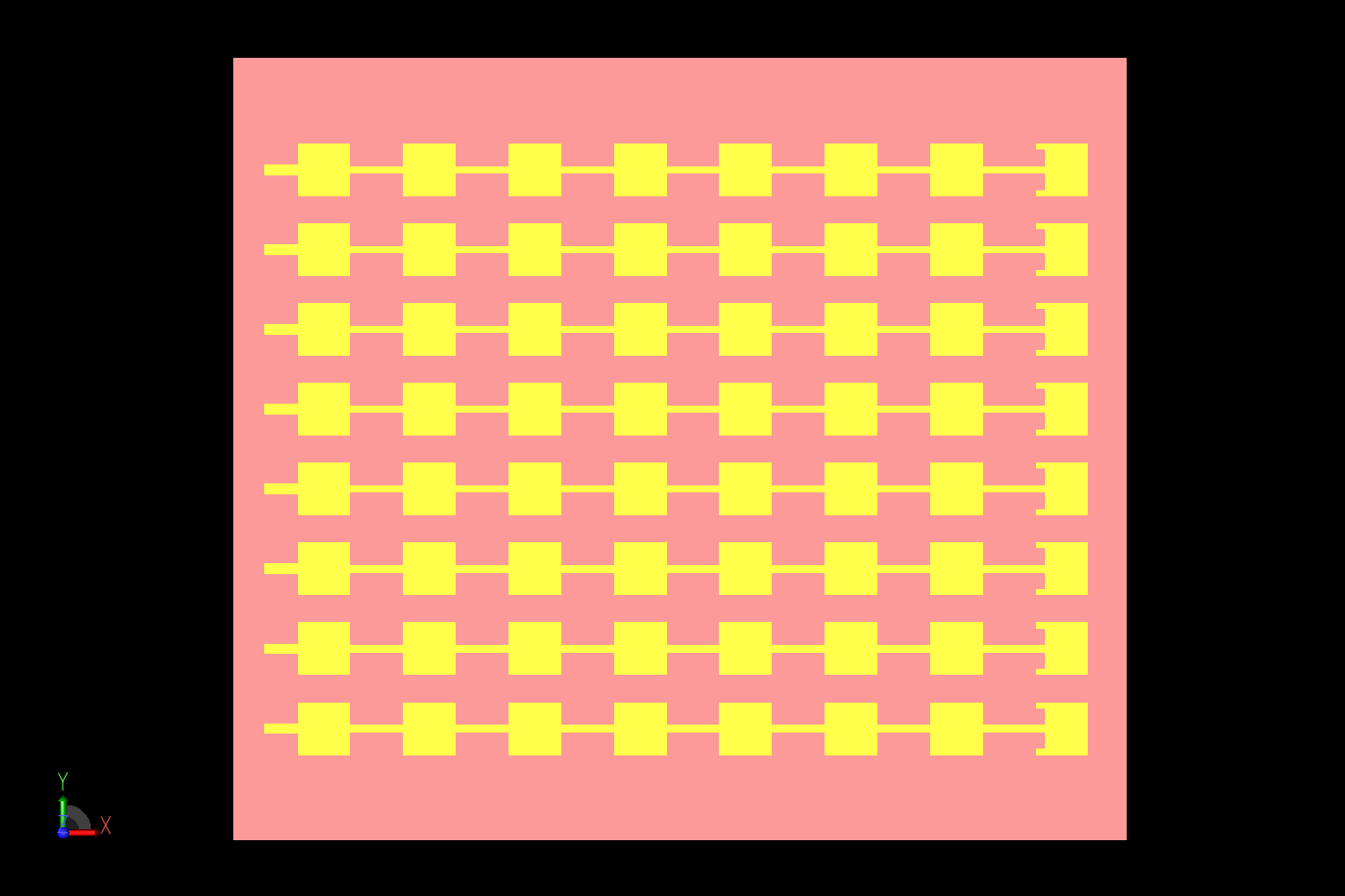 図5：1x8素子を8個組み合わせてアレイにしたCAD図。素子の間隔は5.352mmで、中心から中心へ。