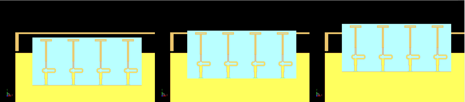 図8：4Gアンテナに対する5Gアレイの3つの異なる構成を検討（左から右）：5Gアンテナの上部が4Gアンテナより2mm下にオフセット、5Gアンテナの上部と4Gアンテナの間のアライメントが均等、5Gアンテナの上部と4Gアンテナの間のアライメントが均等、5Gアンテナの上部と4Gアンテナの間のアライメントが均等、5Gアンテナの上部と4Gアンテナの間のアライメントが均等。