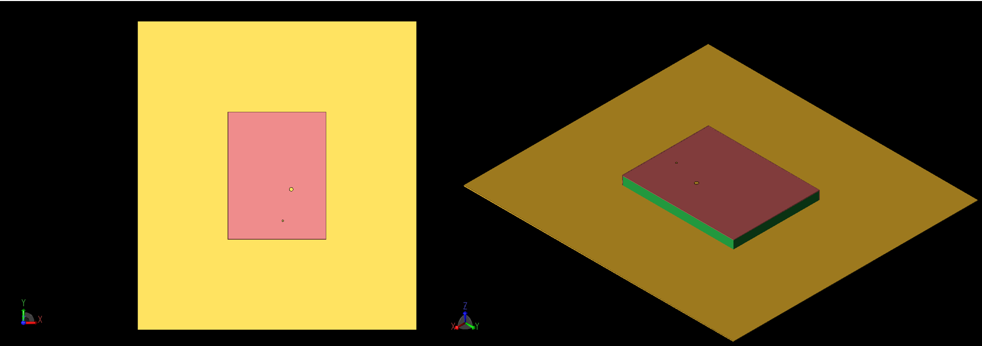 図1：パッチアンテナ形状の上面図（左、1a）と斜視図（右、1b）。同軸フィードとビアは、パッチ上部の大小の円として見える。パッチの-X側と-Y側はグランドプレーンに短絡されている。