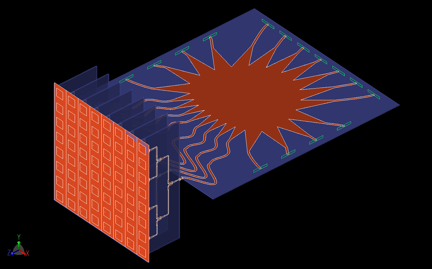 図14：ここでは、ロットマンレンズ入力、ウィルキンソン分圧器ステージ、8x8パッチアンテナアレイの完全なシステムを3次元CADモデルとして示している。