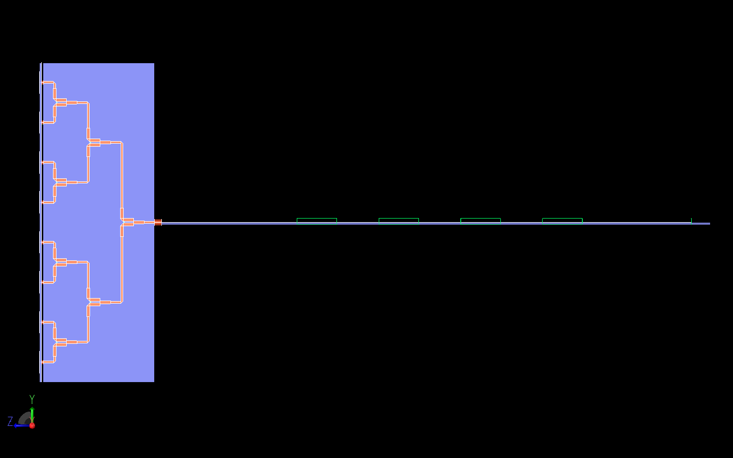 図15：システム全体の側面図であり、3段のウィルキンソン・パワー・デバイダーがよりはっきりと見える。