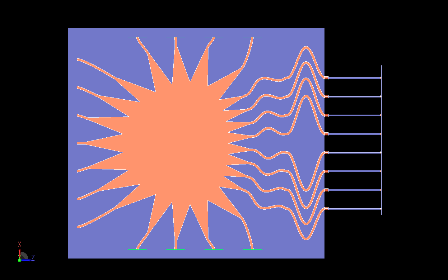 図16：システム全体の上面図。ロットマンレンズとアレイの伝送ラインがよりはっきりと見える。