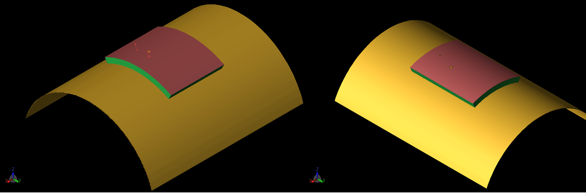 図7：曲率半径40mmの湾曲したパッチを示す。左（7a）はX軸周りの曲率、右（7b）はY軸周りの曲率である。同様の形状は、曲率半径80mmの場合にもシミュレーションされた。