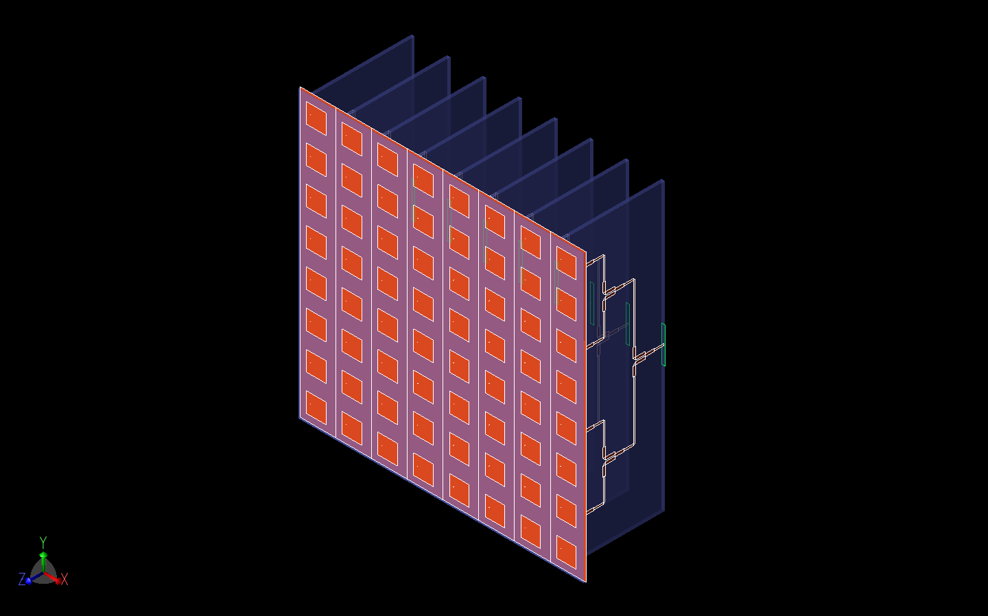 図8：図に示すのは、8x8パッチアンテナアレイと、アンテナに取り付ける8個のウィルキンソン・パワーディバイダーの3次元CAD図である。ここでは、ロットマンレンズが8つの入力導波管ポートに置き換えられている。