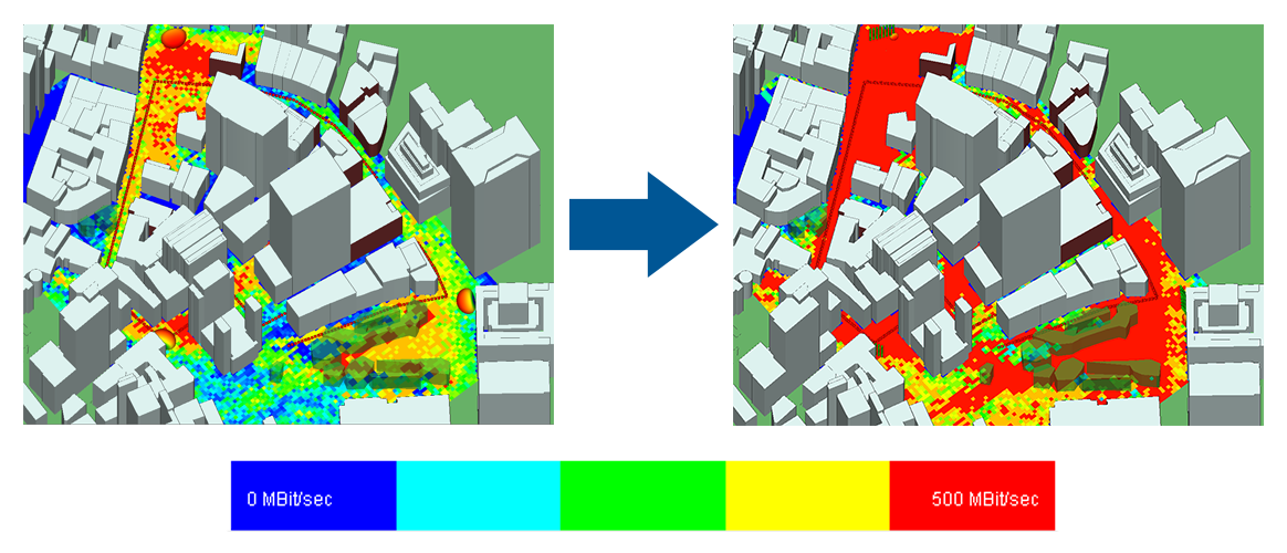 シングルアンテナ（左）とMIMOビームフォーミング（右）を使用したダウンタウンエリアでのスループットを並べて比較。