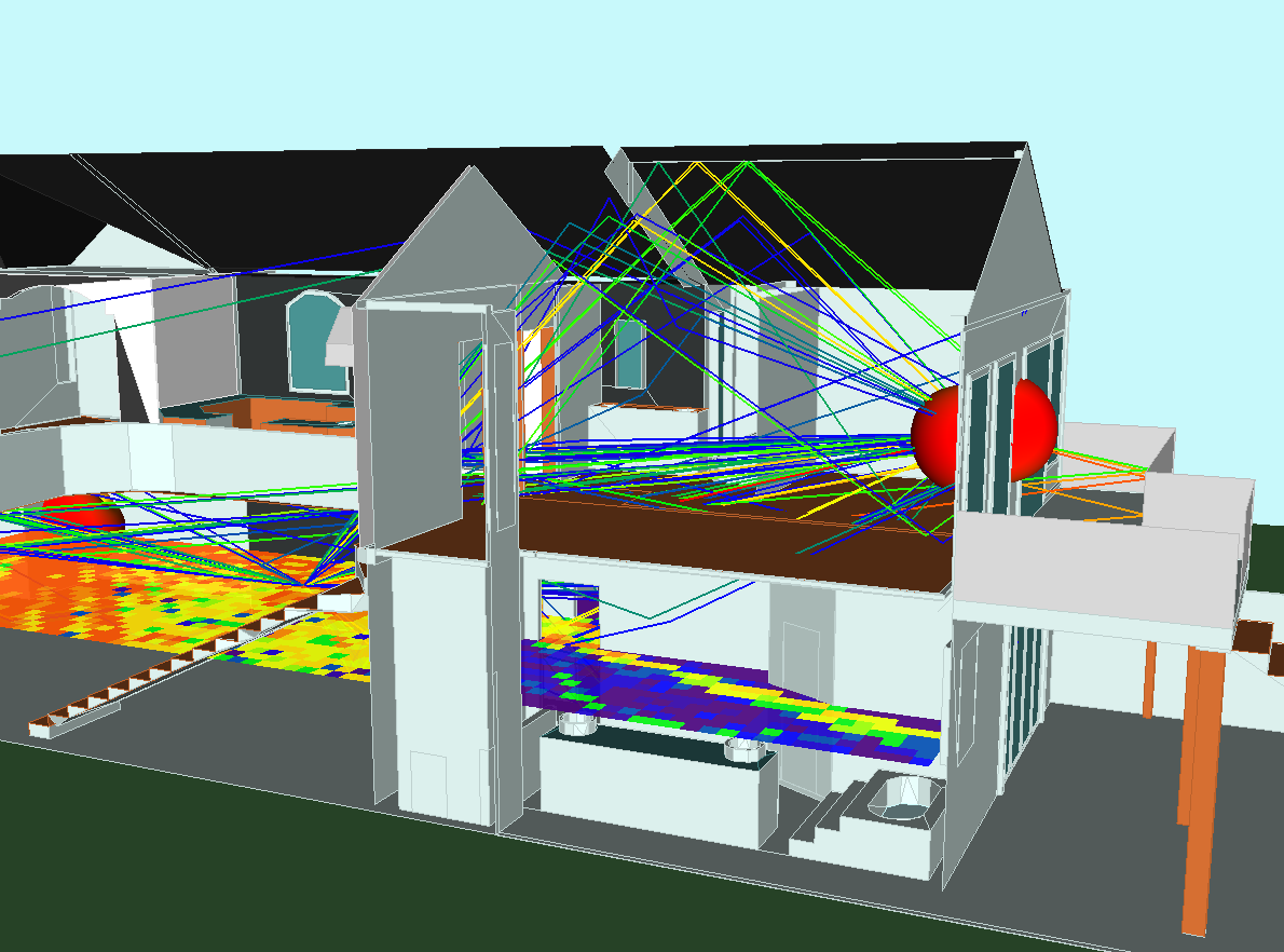 伝搬経路とスループットを示す住宅内WLANのWireless InSiteシミュレーション。