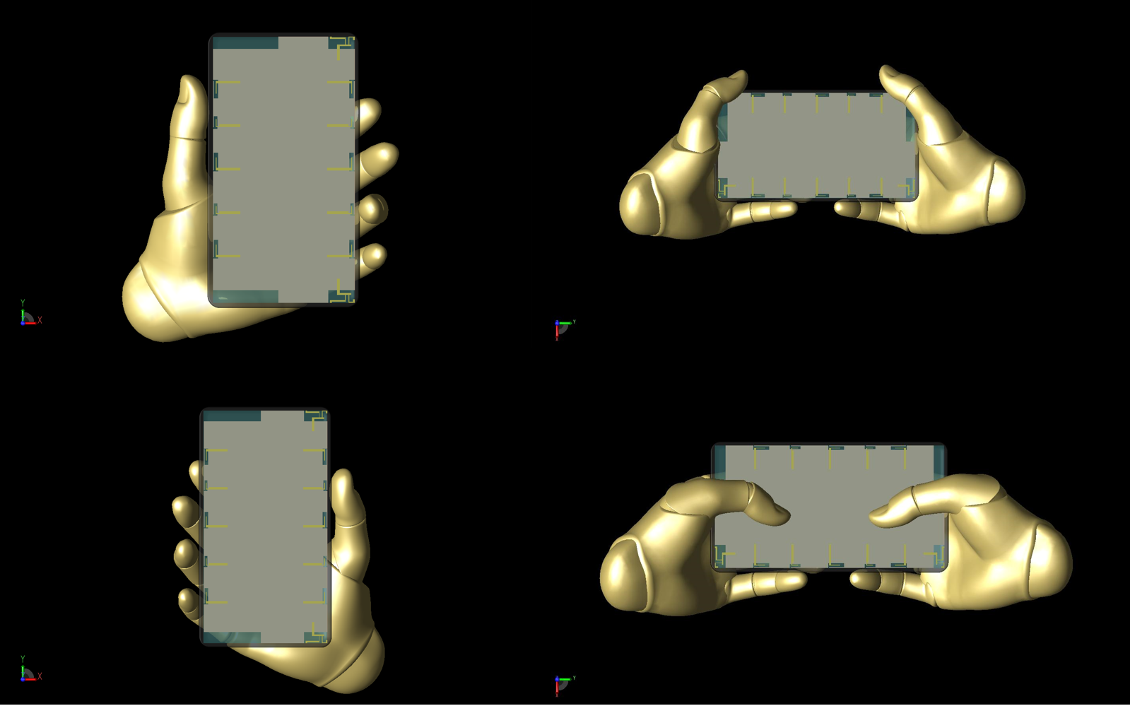 図15：XFdtd内のコントロールを使用して配置された、研究で使用されたポーズ可能な手のモデルの4つの位置を示す。左上から時計回りに：左手保持、両手を横に、両手でタイピング、右手保持。