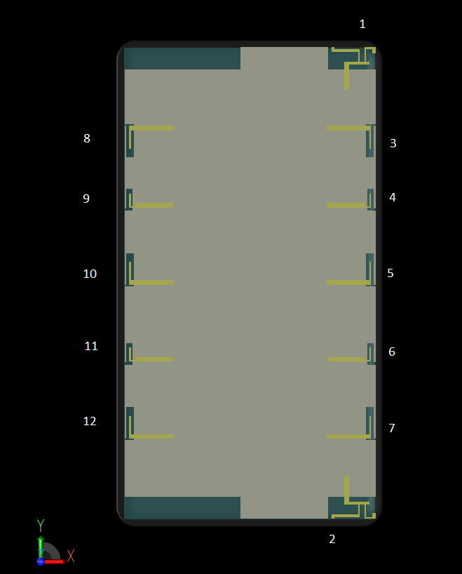 図1: XFdtdソフトウェアのインターフェイスにあるデバイスのCADビューは、スクリーンとすべてのアンテナがXY平面にあることを示しています。アンテナエレメントは、デバイスの端に1から12までの番号が付けられている。