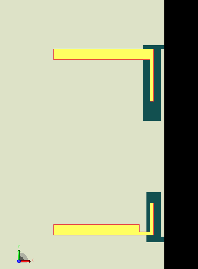 図3：XFdtdインターフェースのこの図の上部には、デバイスの端にある3.6GHz動作用の長いアーム・オープン・スロット（LA）アンテナの1つがある。下は5.5GHz用の短いアーム・オープン・スロット（SA）アンテナ。