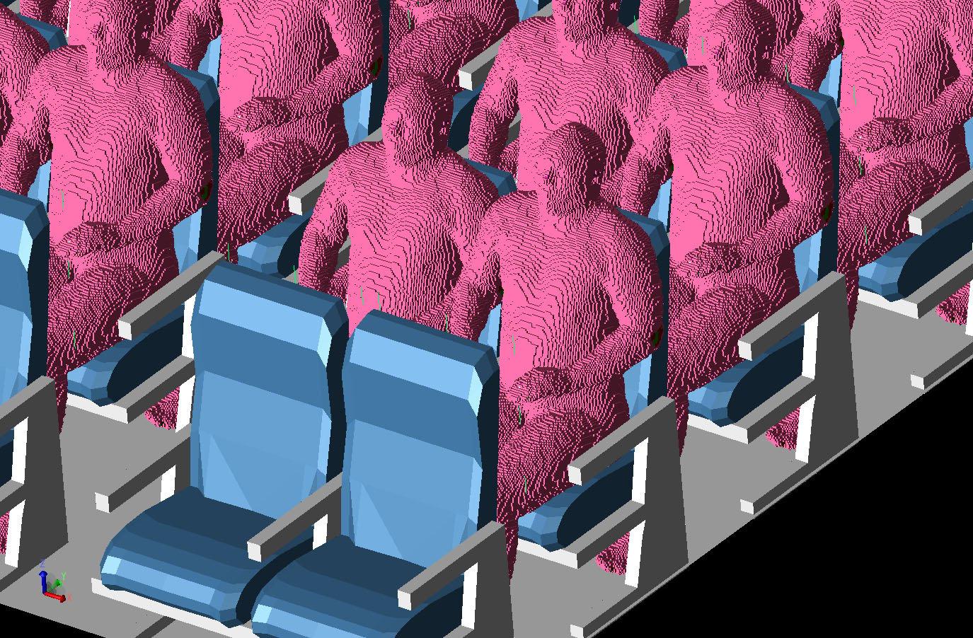 図4座席に配置されたVariPoseの男性と機内の立体図。最前列と最後列を除くすべての座席に男性が座っている。