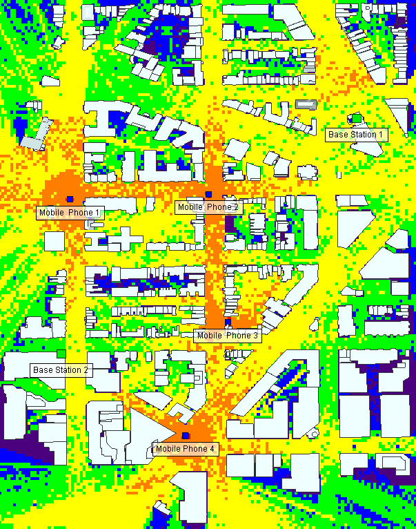 図4：基地局1と4台の街頭携帯電話からの電波到達範囲。