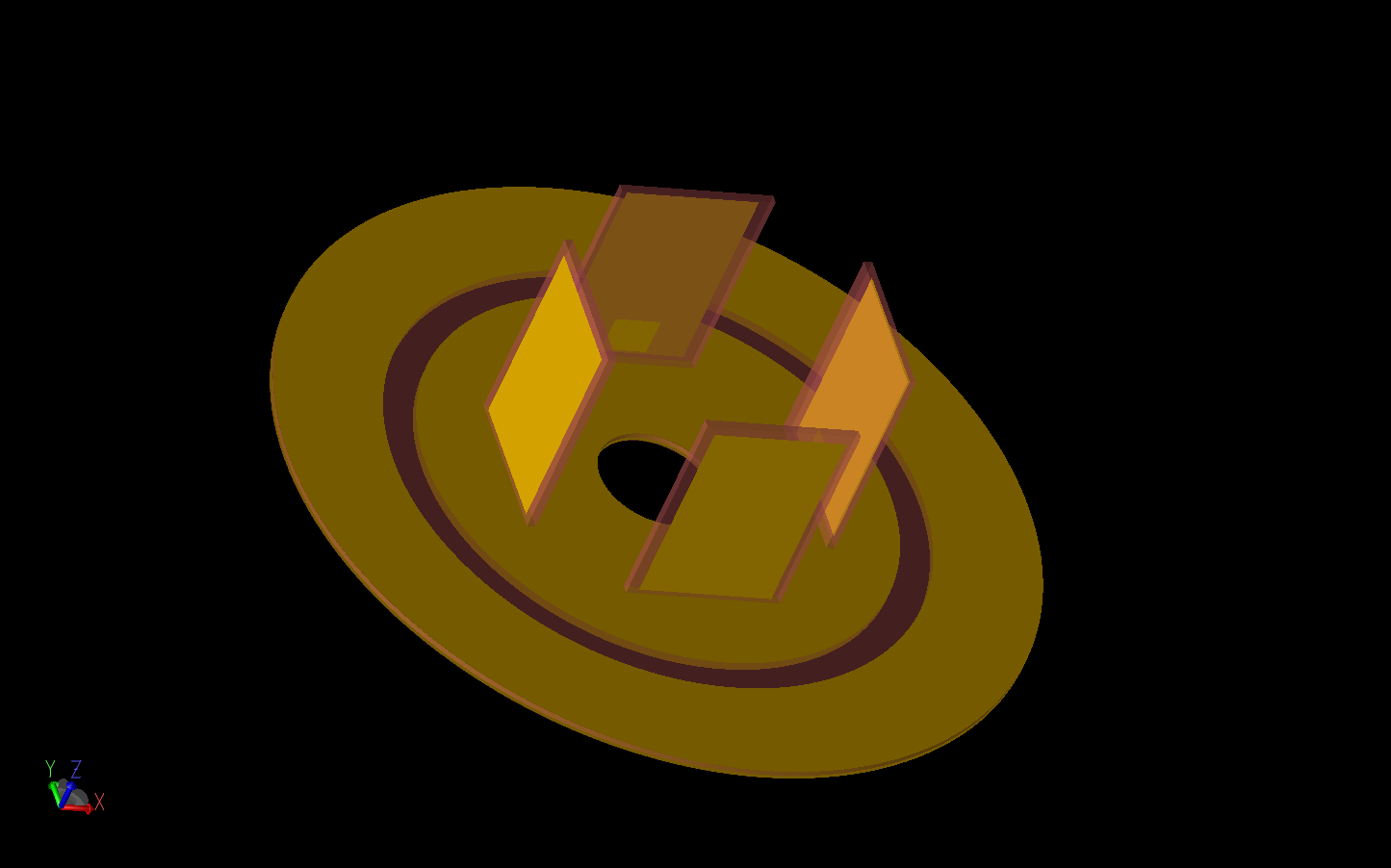 図3：円形のグランドプレーン上に4つのエレメントを配置した下部電気モノポール・アレイを示す。各エレメントの内側に小さなフィードパッチがある。