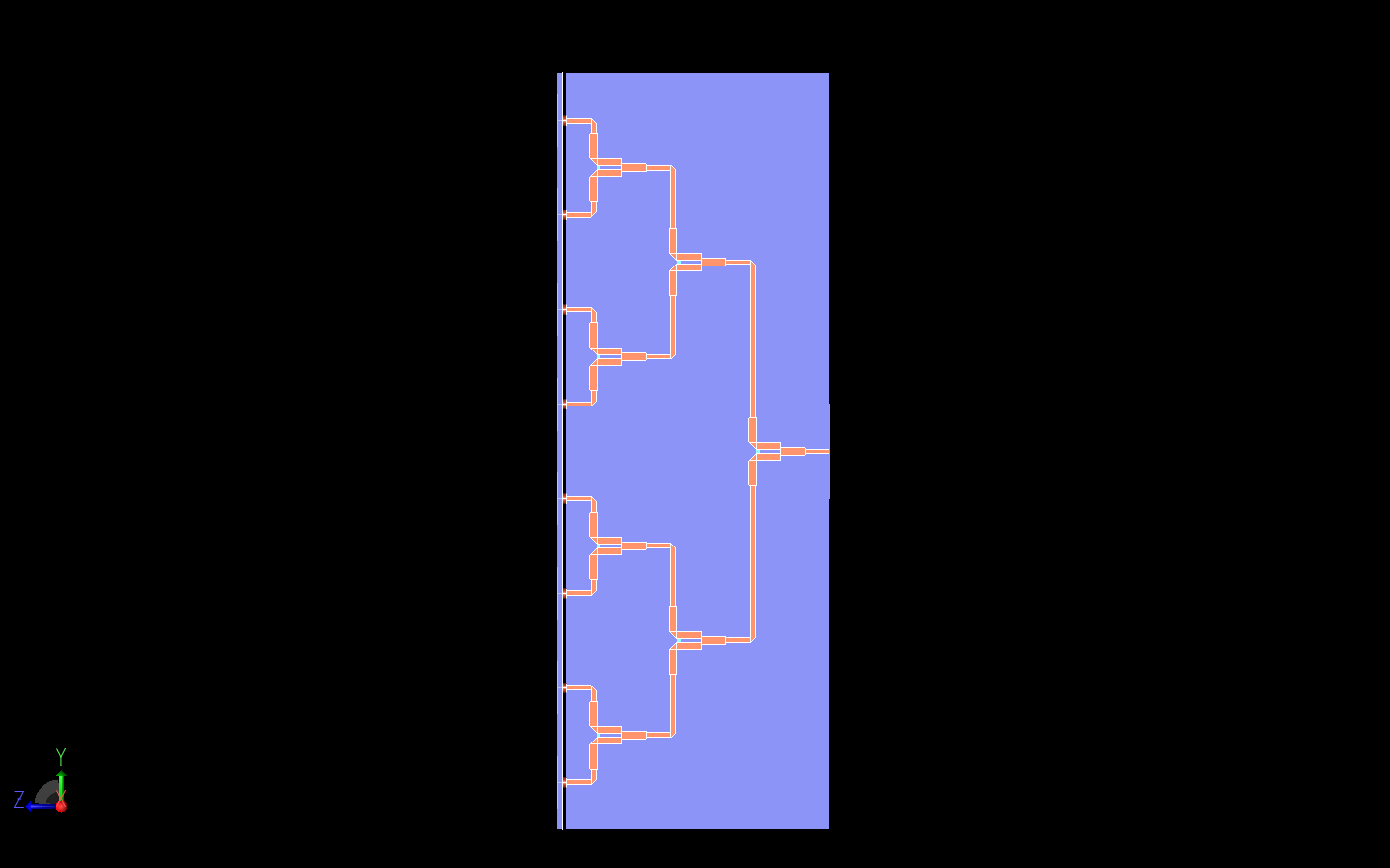 図9：ウィルキンソン・パワー・デバイダーの側面図を示し、信号を分割する3つの段階が明確に示されている。