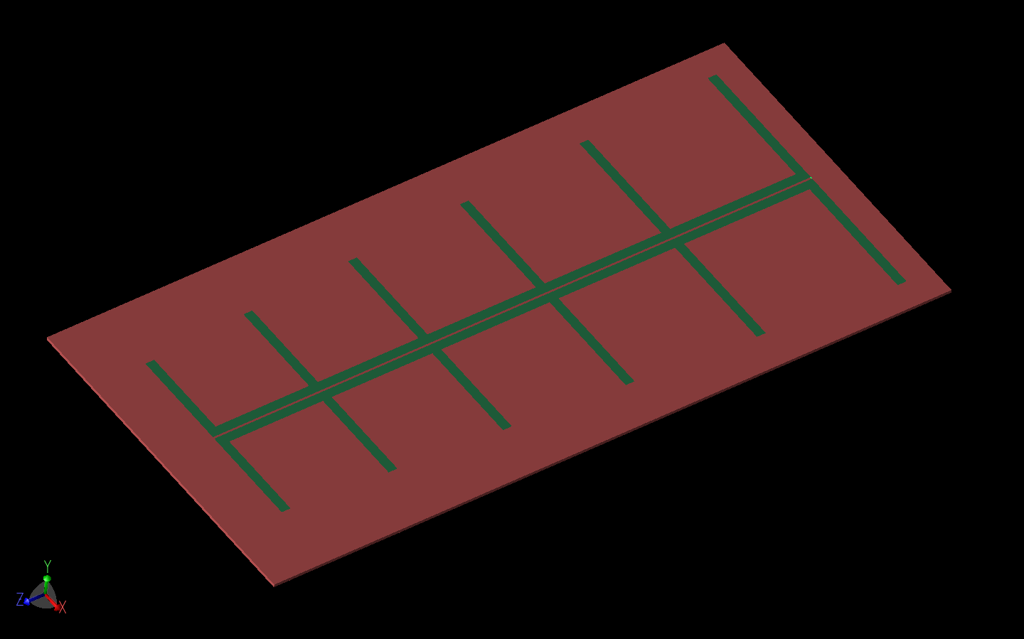 図10: LPDAアンテナモデルの1つをXFdtdで示す。