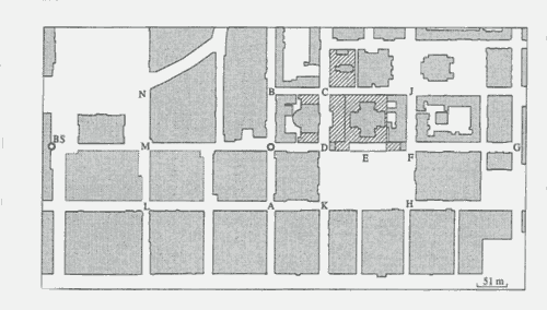 図1.1]で研究されたカバーエリアとこの例。ヘルシンキの「元老院広場」と呼ばれる地域付近で、位置はE。