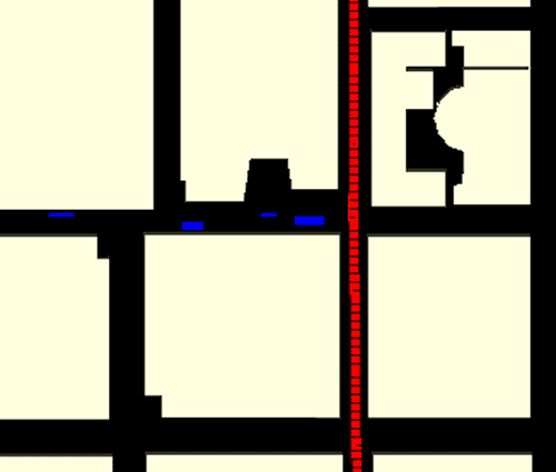 図12.長方形の青い構造物は、AOBの交差点付近の交通をシミュレートするために追加された。