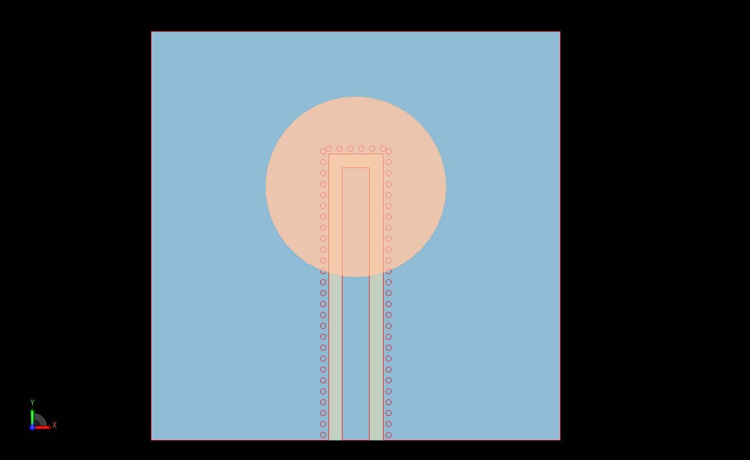 図2: アンテナの上面図。導体層をシリコンブロックに接地するビアと、共平面導波路ラインが見える。