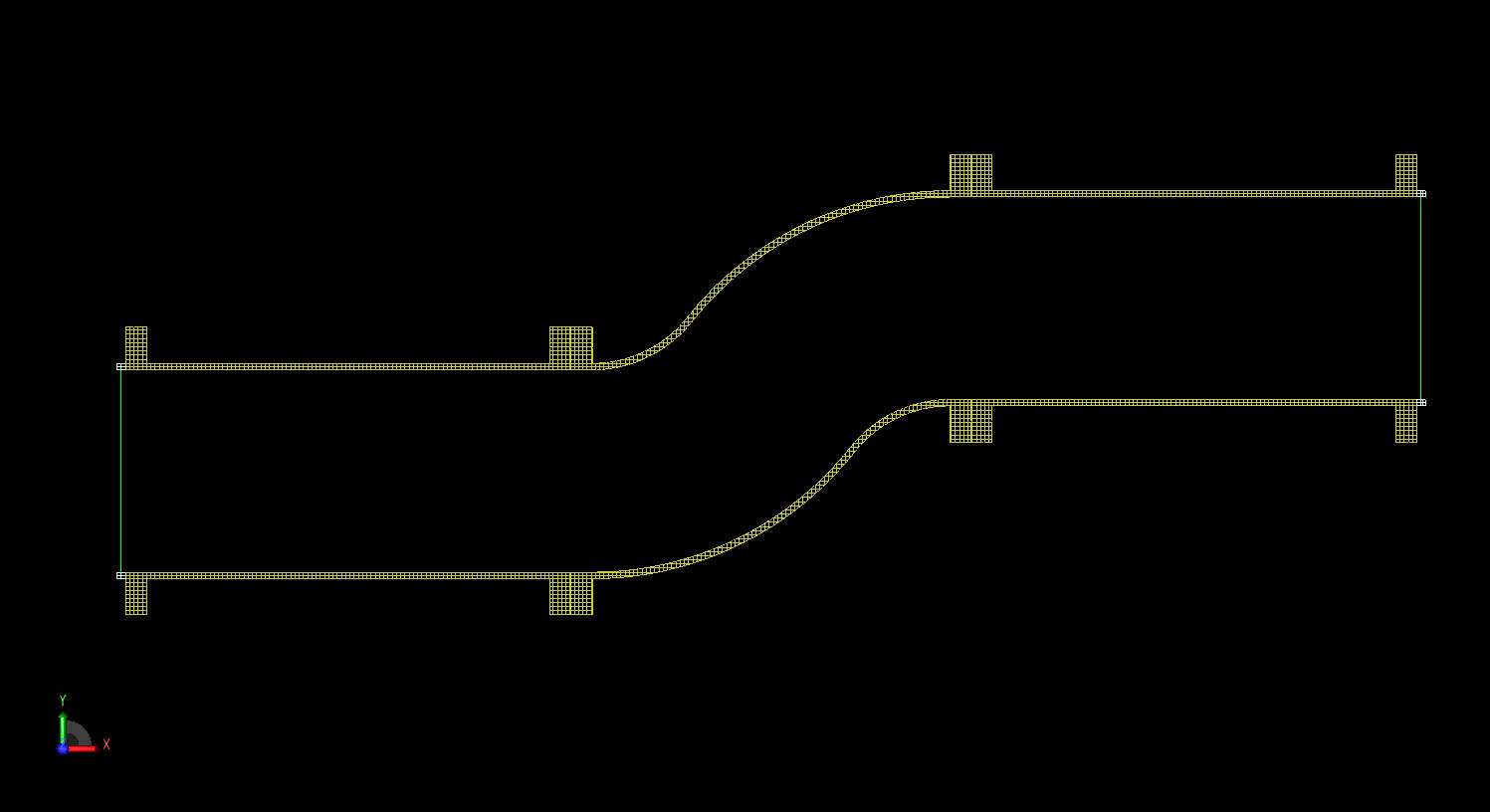 図2デュアルベンド形状のXFdtdメッシュの断面図。