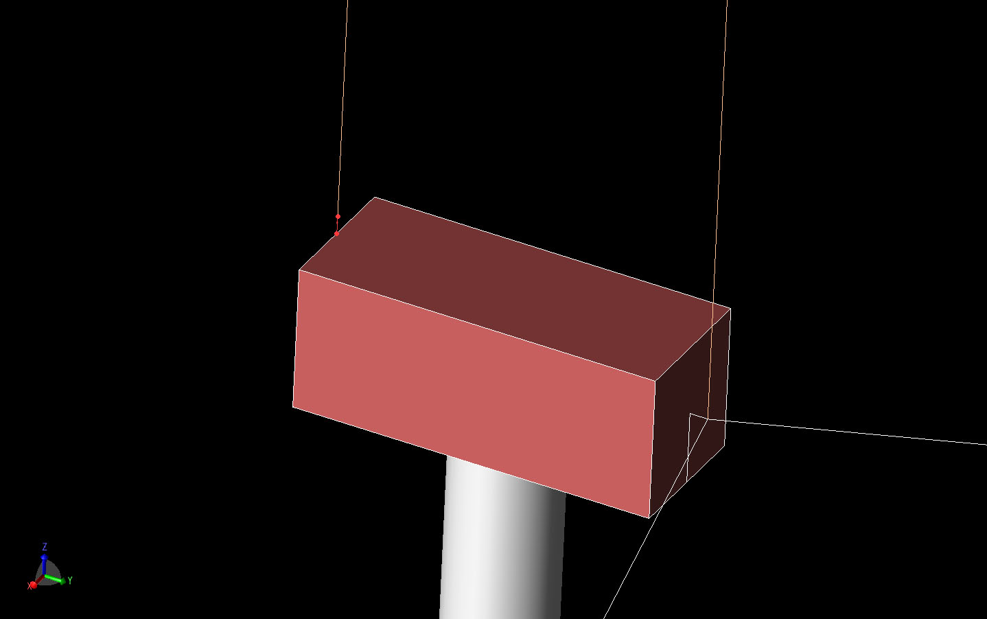 図2ナセル後部に落雷した場合の電流源位置を明るい赤で示す。