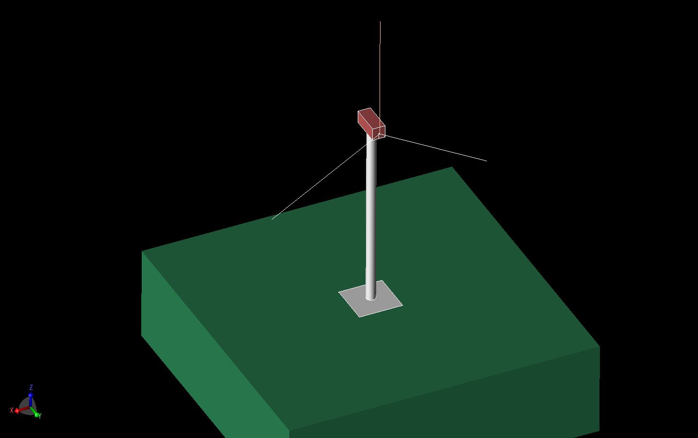 図1損失地盤の上にある風力タービンタワーの3次元CAD図。タワーの高さは60m、ブレードの長さは40m。垂直軸はZ、ナセルの長軸はY。