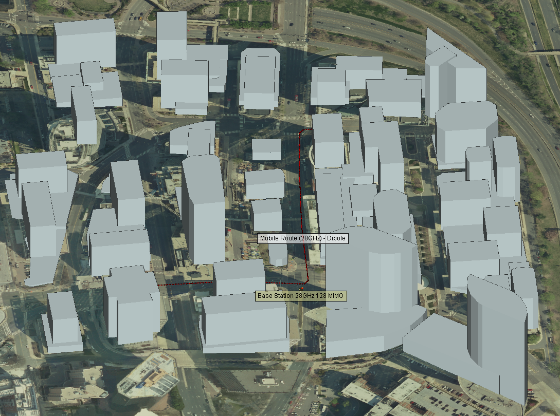 図2：128素子のマッシブMIMOアレイは、地上数フィートのTxポイントに設置され、Rxセットはダウンタウン地区に移動している。